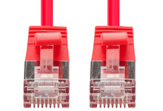 DYNAMIX 0.5m Cat6A S/FTP Red Ultra-Slim Shielded 10G Patch Lead (34AWG) with RJ45 Gold Plated Connectors. Supports PoE IEEE 802.3af (15.4W).