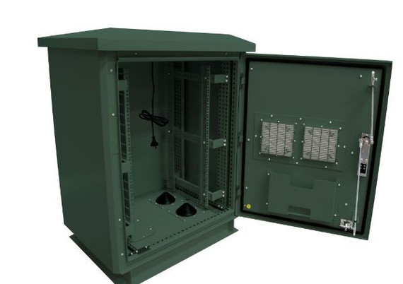 DYNAMIX 18RU Outdoor Freestanding Cabinet. (800 x 800 x 18U) IP45 rated. Angled pivoting rain hood. Double 25mm heating protection. Includes 10x cage nuts. Forest Green Colour