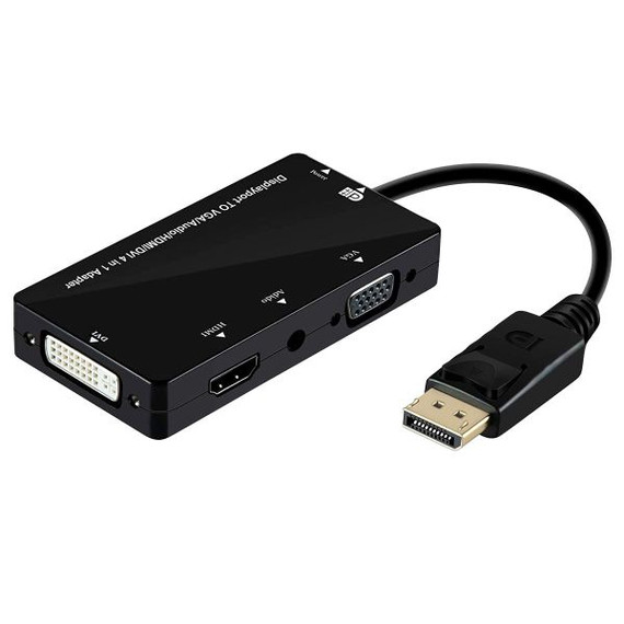 DYNAMIX 4-in-1 Adaptor with DisplayPort Connector. Includes HDMI, DVI, VGA, & Audio Ports. Supports 1080p HD Video (1920 x 1080). Gold-Plated DP Connector, Plug & Play. DYNAMIX 4-in-1 Adaptor with DisplayPort Connector. Includes HDMI, DVI, VGA, & Audio Ports. Supports 1080p HD Video (1920 x 1080). Gold-Plated DP Connector, Plug & Play.