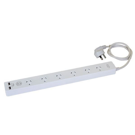 DYNAMIX 6-way 10A Home & Office Powerboard with two USB 3.4A Rapid Charging Ports. Safety Overload with Push Button Reset. Includes 1m Power Cable. For Indoor Use ONLY.