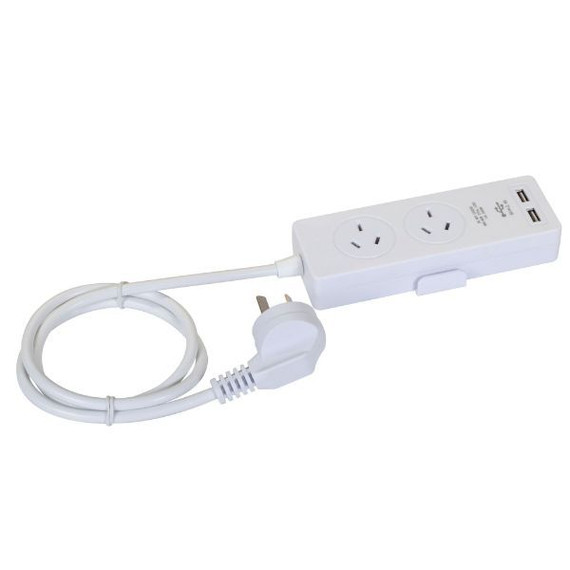 DYNAMIX 2-way Powerboard with 2x USB 2.4A Rapid Charging Ports. Includes Built-in Phone or Tablet Holder Tray. 1m Power Cable. Safety Overload Protection. For Indoor Use ONLY.