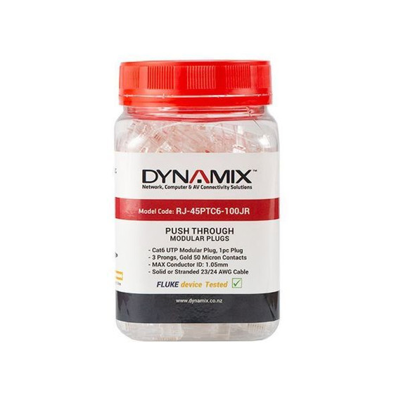 DYNAMIX Cat6 UTP Push Through Plug, 3 Prong, 50 u" 100pc Jar. For Solid & Stranded Cable, Max Conductor size : 1.05mm.