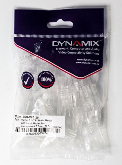 DYNAMIX Cat6 UTP Strain Relief Boot with Latch Protection. Transparent. OD: 0.65m. Bag of 20 Pieces