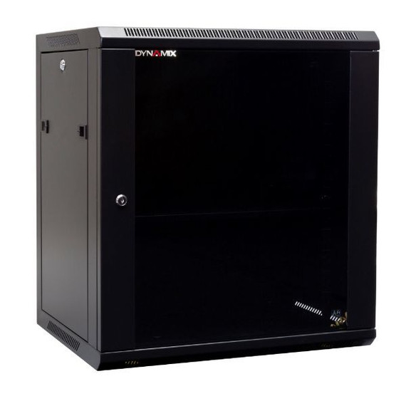 DYNAMIX 12RU Wall Mount Cabinet 450mm Deep (600 x 450 x 635mm). Includes 1x Fixed Shelf, 2x Fans & 10x Cage Nuts. Black Gloss Colour, front door.