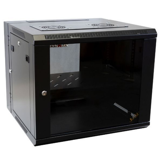 DYNAMIX 9RU Universal Swing Wall Mount Cabinet. Removable Back mount supplied with Left & Right Hinges (600 x 550 x 501mm). Includes 2x fans, 1 x fixed shelf, 10 x cage Gloss black colour.