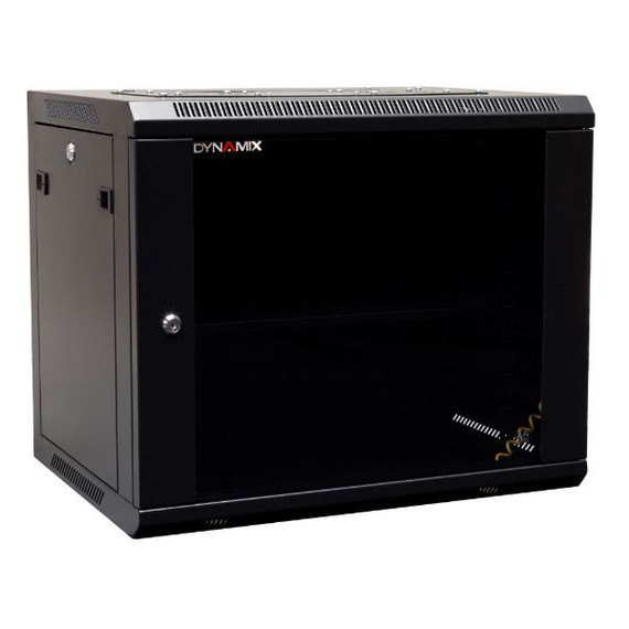 DYNAMIX 9RU Wall Mount Cabinet 450mm Deep (600 x 450 x 501mm). Includes 1x Fixed Shelf, 2x Fans & 10x Cage Nuts. Black Gloss Colour, front door.