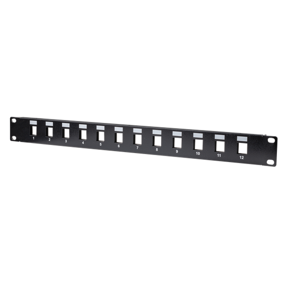 DYNAMIX 19'' 12 Port Unloaded Patch Panel Keystone Inserts, 1RU *REQUIRES SLIMLINE KEYSTONE JACKS*