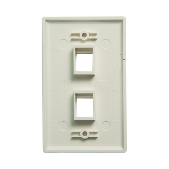 DYNAMIX Dual Port Face Plate for RJ45 110 Keystone Jacks. NOTE Jack pins at top of plate when installed vertically, on side when installed horizontally.