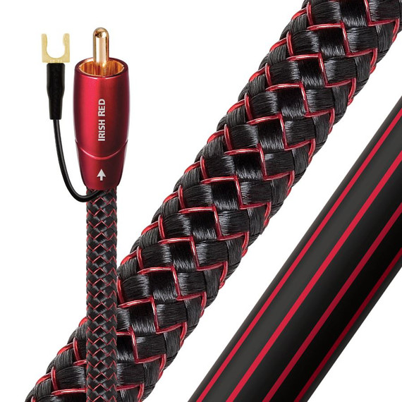 AUDIOQUEST Irish Red 8M subwoofer cable. 0.5% silver. Metal-layer noise dissipation. Solid conductors Foamed-Polyethylene dielectric Cold-welded -Gold plated termination Jacket - black PVC with red stripes