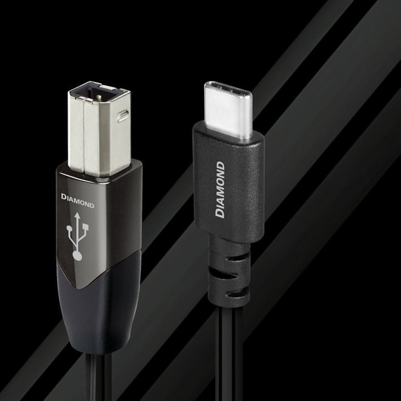 AUDIOQUEST Diamond .75M USB-B to USB-C. 100% perfect-surface silver (PSS) solid - hard-cell foam dielectric. 72v DBS. Jacket - black PVC with silver stripes.