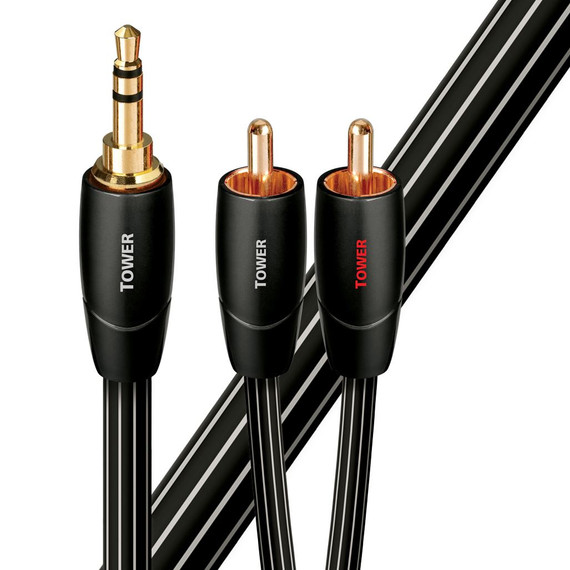 AUDIOQUEST Tower 1M 3.5mm to 2 RCA. Solid Long Grain Copper. Gold Plated/cold welded termination Foamed-Polyethylene dielectric Metal layer noise dissipation Jacket - black with white stripes P