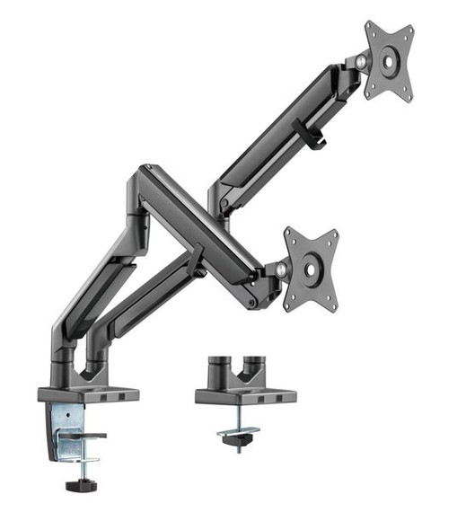 BRATECK 17''-32'' Polished Aluminium Gas-Spring Desk Mount Duel Monitor Arm. Supports VESA up to 100x100. Extend, Tilt and Swivel. Detachable VESA Plate. Max Arm Extn - 506mm. Space Grey Color. LDT37-C024