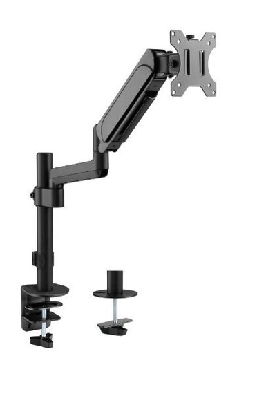 BRATECK 17"-32" Pole-Mounted Gas Spring Single Monitor Desk Mount Bracket with Detachable VESA Plate. Max Load 9Kgs, Supports VESA 75x75 & 100x100, Extend, Tilt, & Swivel, Clamp or Grommet Instal.