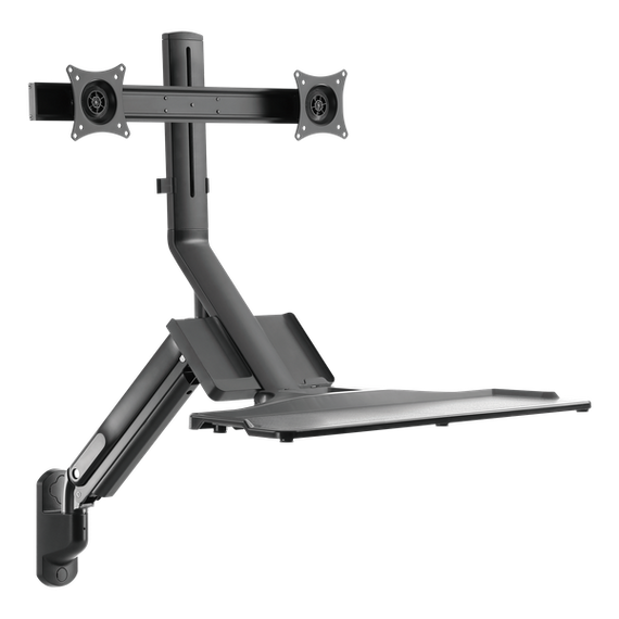 BRATECK 17-27" Wall Mount Dual Monitor Gas Spring Sit-Stand Workstation. Folding Keyboard Tray. Counter-Balance Gas Spring. Integrated Ball-Joint. 2nd Storage Tray. Easy Height Adjust. WWS05-02-P01