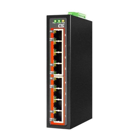 CTC UNION 8 Port Fast Ethernet Unmanaged Switch.-10C~60C. 8x 10/100BaseT(X). Power consumption 12/24/48V DC/3.9W. Din-kit incl.