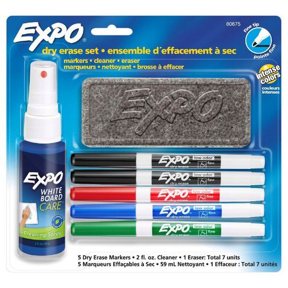 EXPO Dry Erase Markers with Fine Point Tips - Cleaning Spray & Eraser Includes Red - Blue - Green - & Black Colours. Bright - Vivid - Non-toxic Ink. Quick Drying. Smear-proof. Erases Cleanly & Easily with Cloth.