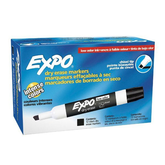 EXPO Dry Erase Markers Chisel Tip. 12-Pack. Black Colour. Bright - Vivid - Non-toxic Ink. Quick Drying. Smear-proof. Erases Cleanly & Easily with Cloth.