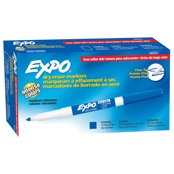 EXPO Dry Erase Markers with Fine Point Tips 12-Pack. Blue Colour Bright - Vivid - Non-toxic Ink. Quick Drying. Smear-proof. Erases Cleanly & Easily with Cloth.