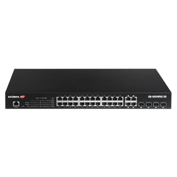 EDIMAX 28-Port Surveillance Long Range Gigabit PoE+ Web Smart Switch with 2 Gigabit RJ45 & 2 SFP Ports. Max Power Budget 400W. Supports PoE up to 200m. IEEE 802.3af/at PoE Compliant. IP Surveillance VLAN