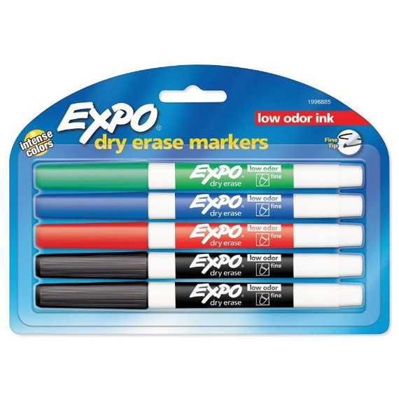 EXPO Dry Erase Markers with Fine Point Tips. 4x Assorted Colours. Includes Red - Blue - Green - & Black Colours. Bright - Vivid - Non-toxic Ink. Quick Drying. Smear-proof. Erases Cleanly & Easily with Cloth.