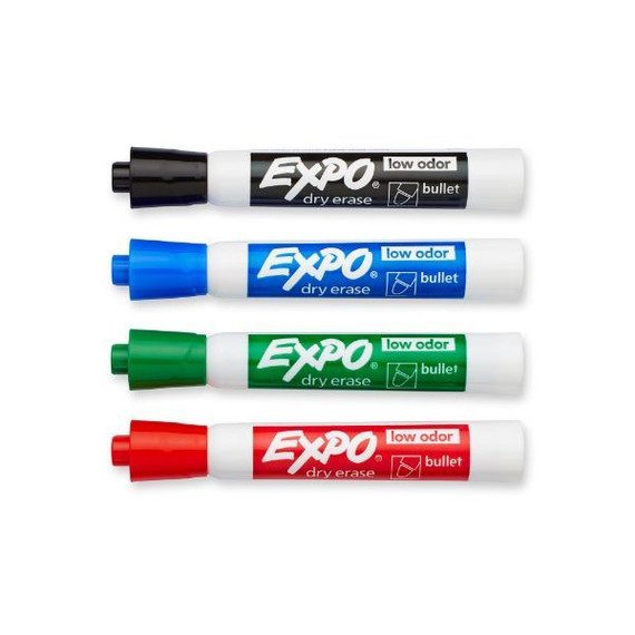 EXPO Dry Erase Markers Bullet Marker 4-Pack. 4x Assorted Colours. Includes Red - Blue - Green - & Black Colours. Bright - Vivid - Non-toxic Ink. Quick Drying. Smear-proof. Erases Cleanly & Easily with Cloth.
