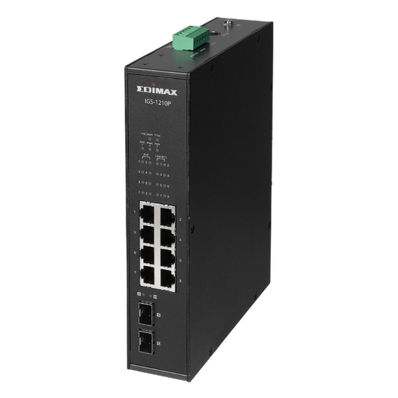 EDIMAX Industrial 10-Port Gigabit PoE+ DIN Rail Switch. 8 x Gigabit Ethernet Ports - 2 SFP Uplink Port. PoE up to 200m at 10Mps. QoS 802.1p for Video & Voice Traffic Priority. Supports up to 30W per port. IP30.