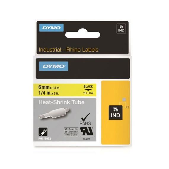 DYMO Genuine Rhino Industrial Labels- HeatShrink Tube 6mm Black on Yellow.Made of industrial grade polyolefine and featuring a 3:1 heat shrink ratio. RoHS compliant. Temperature Rating -19C to +135C.