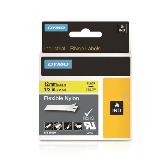 DYMO Genuine Rhino Industrial Labels-Flexible Nylon 12mm Black on Yellow. Industrial-strength tear- proof. Resists moisture - UV light & more. RoHS compliant Temperature Rating -25.56C to +80