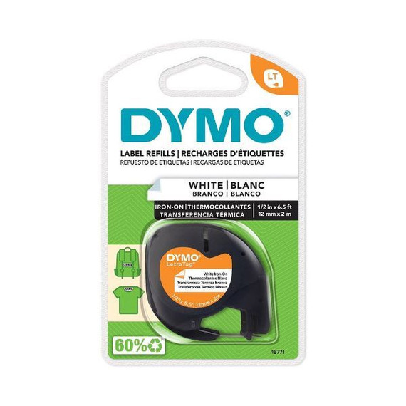 DYMO Genuine LetraTag Iron-On Labeller Tape. 19mm Black on Yellow. Solution for clothing and fabric identification. labels adhere to a variety of fabrics and textures.