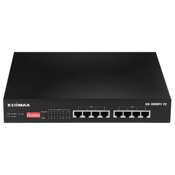 EDIMAX 8 Port Gigabit PoE+ Long Range Unmanaged Switch with DIP Switch Function. Supports up to 30W Per PoE Port (Total Power Budget: 70W). Port-based VLAN. Long Range up to 200m at 10Mbps. GS-1008PLV2