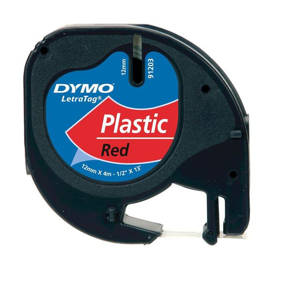 DYMO Genuine LetraTag Labeller Plastic Tape. 12mm Black on Red. For LetraTag LT-100H and LT-100T Label makers. Tear-resistant. DYMO Genuine LetraTag Labeller Plastic Tape. 12mm Black on Red. For LetraTag LT-100H and LT-100T Label makers. Tear-resistant.