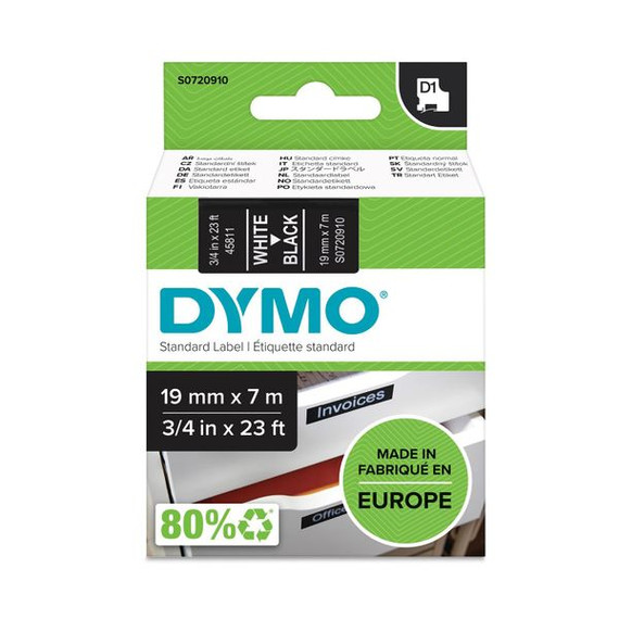 DYMO Genuine D1 Label Cassette Tape 19mm x 7M -  White on Black Suitable for the Label  Manager and LabelWriter Duo label makers