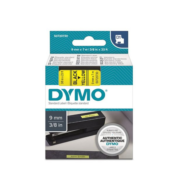 DYMO Genuine D1 Label Cassette Tape 9mm x 7M -  Black on Yellow Suitable for the Label  Manager and LabelWriter Duo label makers