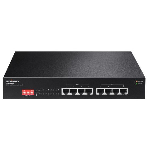 EDIMAX 8 Port 10/100/1000 Gigabit PoE+ Switch with DIP Switch. PoE delivery up to 200m. Power budget: 130W. Auto Energy Saving. Functions. Plug and Play.  VLAN and Loop Protection. VLAN & QoS. GS-1008PV2