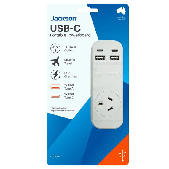 JACKSON 3.4A Portable Powerboard. Includes 2x USB-A & 2x USB-C Ports Plus 1x 3-Pin Socket. 230-240Vac - 50Hz - 10A. Charge 4x Devices Simultaneously. Compact Design. For Indoor Use Only. 1m Power Lead. JACKSON 3.4A Portable Powerboard. Includes 2x USB-A & 2x USB-C Ports Plus 1x 3-Pin Socket. 230-240Vac - 50Hz - 10A. Charge 4x Devices Simultaneously. Compact Design. For Indoor Use Only. 1m Power Lead.