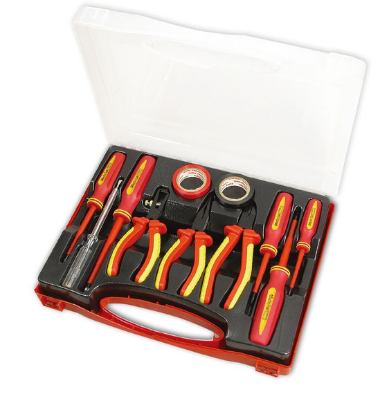 GOLDTOOL 11-Piece Electrical Insulated Screwdriver Set. Includes: Side & Long Nose Pliers - Wire Stripper - 2x PVC Tapes - Philips Screwdriver