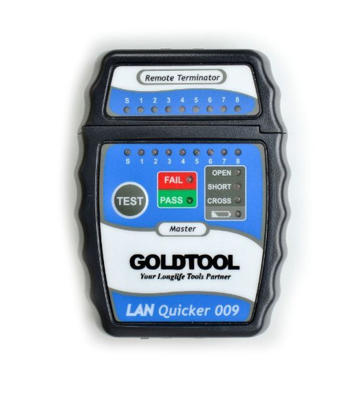 GOLDTOOL LAN Quick Tester. Test RJ45/UTP - RJ45 / STP Cabling. OPEN - SHORT & CROSS Test Functions. LED Indication Lights with Beep Sound Warning. Step/Auto Select Function. 9VBattery & Case Included