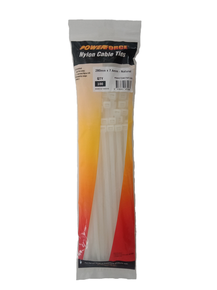 POWERFORCE Cable Tie Natural 280mm x 7.6mm Nylon Pack of 100. Made from U.L. Approved Nylon 6/6 with Flamability Rating of UL 94V-2