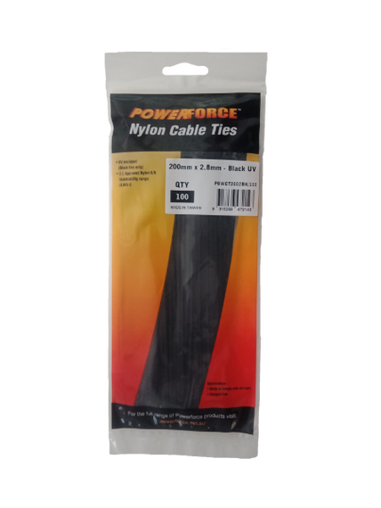 POWERFORCE Cable Tie Black UV 200mm x 2.8mm Weather Resistant Nylon. Pack of 100. Made from U.L. Approved Nylon 6/6 with Flamability Rating of UL 94V-2.