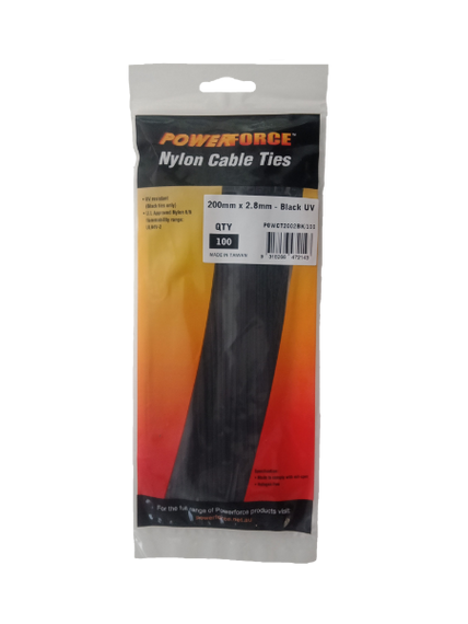 POWERFORCE Cable Tie Black UV 200mm x 2.8mm Weather Resistant Nylon. Pack of 100. Made from U.L. Approved Nylon 6/6 with Flamability Rating of UL 94V-2.