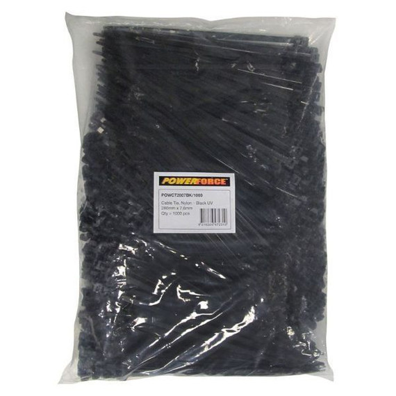 POWERFORCE Cable Tie Black UV 280mm x 7.6mm Weather Resistant Nylon. Pack of 1000. Made from U.L. Approved Nylon 6/6 with Flamability Rating of UL 94V-2.
