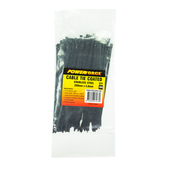 POWERFORCE Cable Tie 316SS Coated 200mm x 4.6mm Pack of 100. Self Locking ball-lock design. Chemical - Corrosion - Salt Spray and UV Resistant. Temp range: -80C to +150C. Halogen Free & Non-magnetic