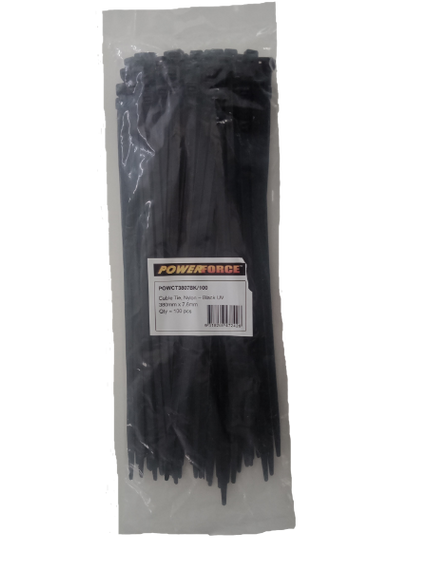 POWERFORCE Cable Tie Black UV 380mm x 7.6mm Weather Resistant Nylon. Pack of 100. Made from U.L. Approved Nylon 6/6 with Flamability Rating of UL 94V-2.