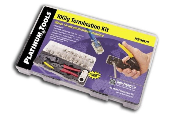 PLATINUM TOOLS 10G Termination Kit. Kit includes: Tele-Titan crimp tool for Cat6A plugs. 100pc Cat6A plugs. Cyclops2 cable jacket stripper. CT-360 external ground crimp tool.