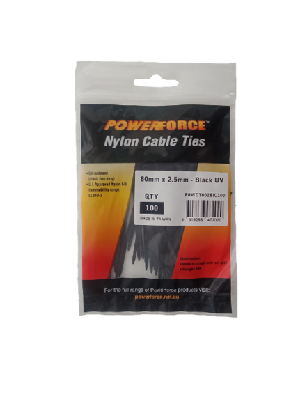 POWERFORCE Cable Tie Black UV 80mm x 2.5mm Weather Resistant Nylon. Pack of 100. Made from U.L. Approved Nylon 6/6 with Flamability Rating of UL 94V-2.