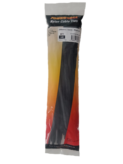 POWERFORCE Cable Tie Black UV 280mm x 7.6mm Weather Resistant Nylon. Pack of 100. Made from U.L. Approved Nylon 6/6 with Flamability Rating of UL 94V-2.