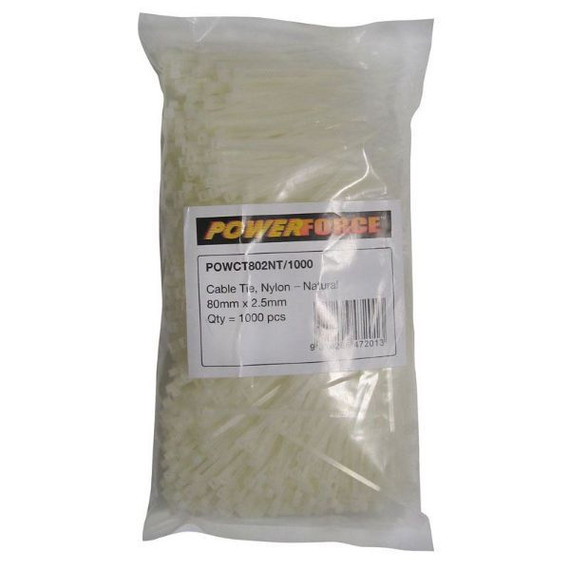 POWERFORCE Cable Tie Natural 80mm x 2.5mm Nylon Pack of 1000. Made from U.L. Approved Nylon 6/6 with Flamability Rating of UL 94V-2