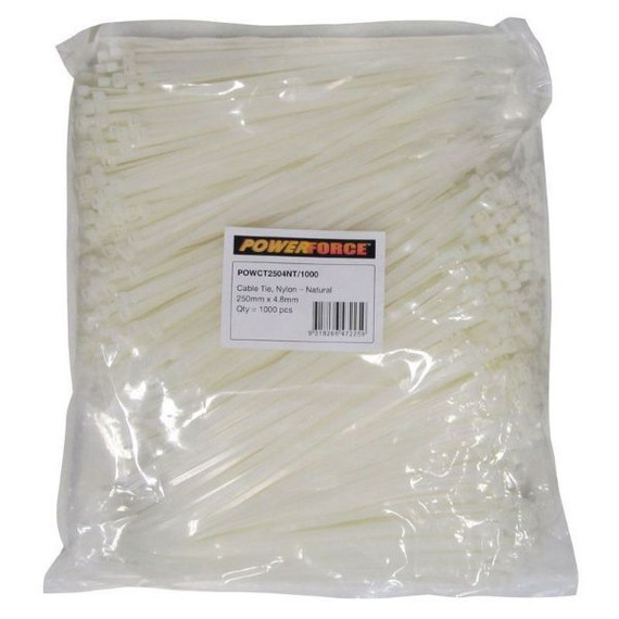 POWERFORCE Cable Tie Natural 250mm x 4.8mm Nylon Pack of 1000. Made from U.L. Approved Nylon 6/6 with Flamability Rating of UL 94V-2