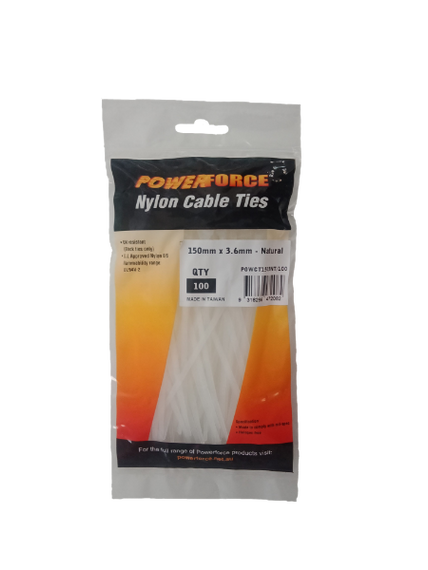 POWERFORCE Cable Tie Natural 150mm x 3.6mm Nylon Pack of 100. Made from U.L. Approved Nylon 6/6 with Flamability Rating of UL 94V-2