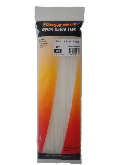 POWERFORCE Cable Tie Natural 300mm x 4.8mm Nylon Pack of 100. Made from U.L. Approved Nylon 6/6 with Flamability Rating of UL 94V-2